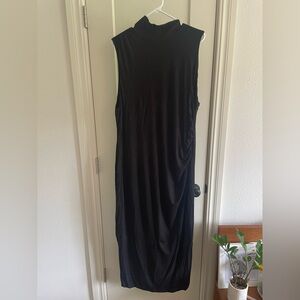 Good American Black Good Touch Sleeveless Turtleneck Ruched Midi Dress LBD